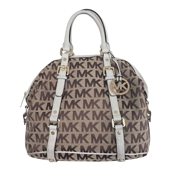 Michael Kors Handbags - Michael Kors Handbag Bedford Women Medium Logo Jacquard Satchel Beige Vanilla